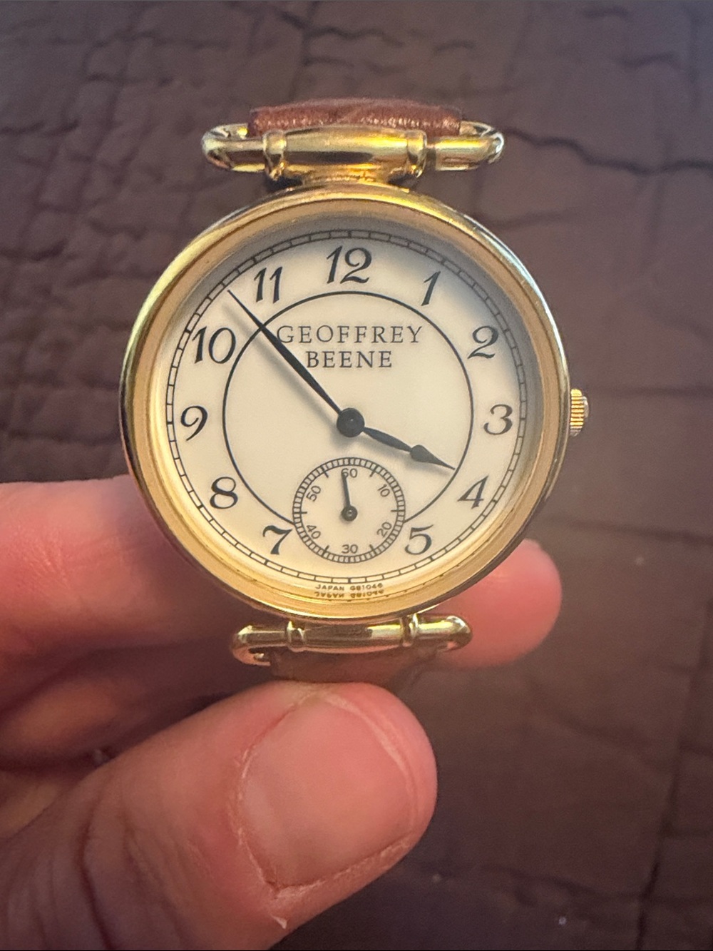 Geoffrey Beene Gold-Tone Watch with White Dial and Brown Strap